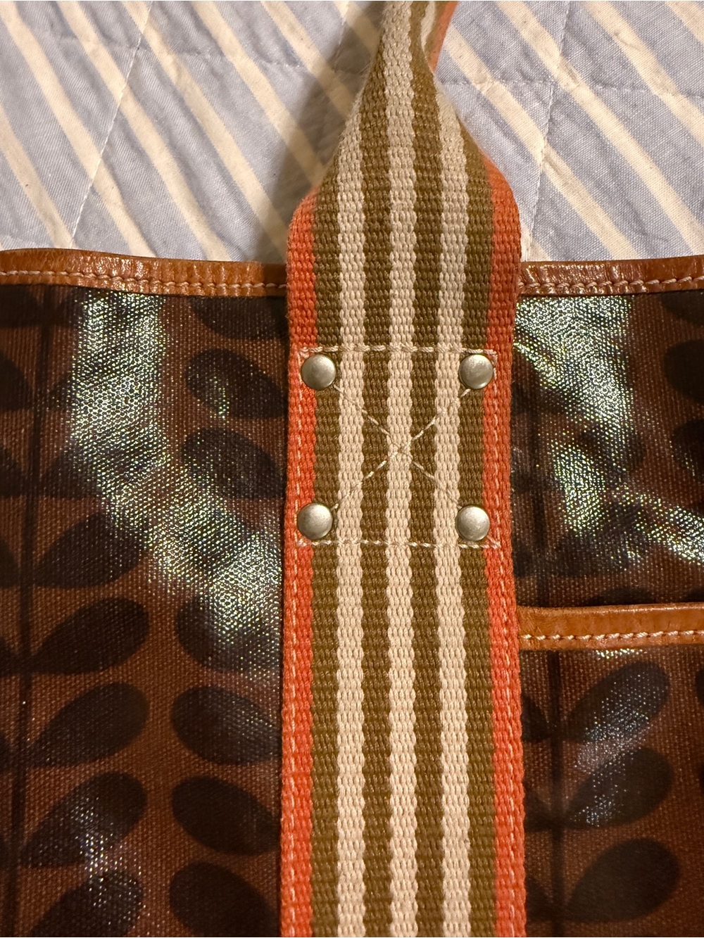 Orla Kiely Brown and Orange Leaf-Print coated Canvas Tote with Striped Handles - Picture 3 of 12